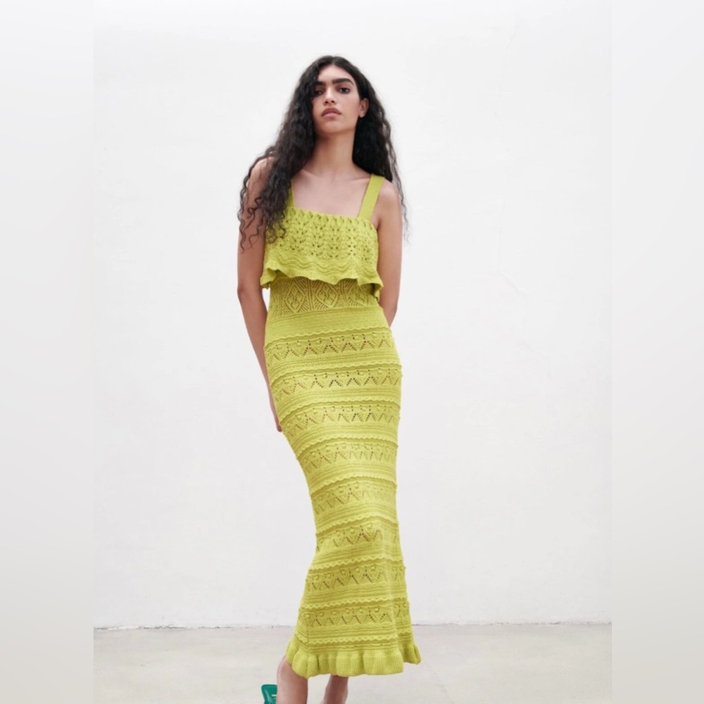 Zara Crochet Green Long Knit Maxi Dress Sz Medium Beachy Vacation Boho